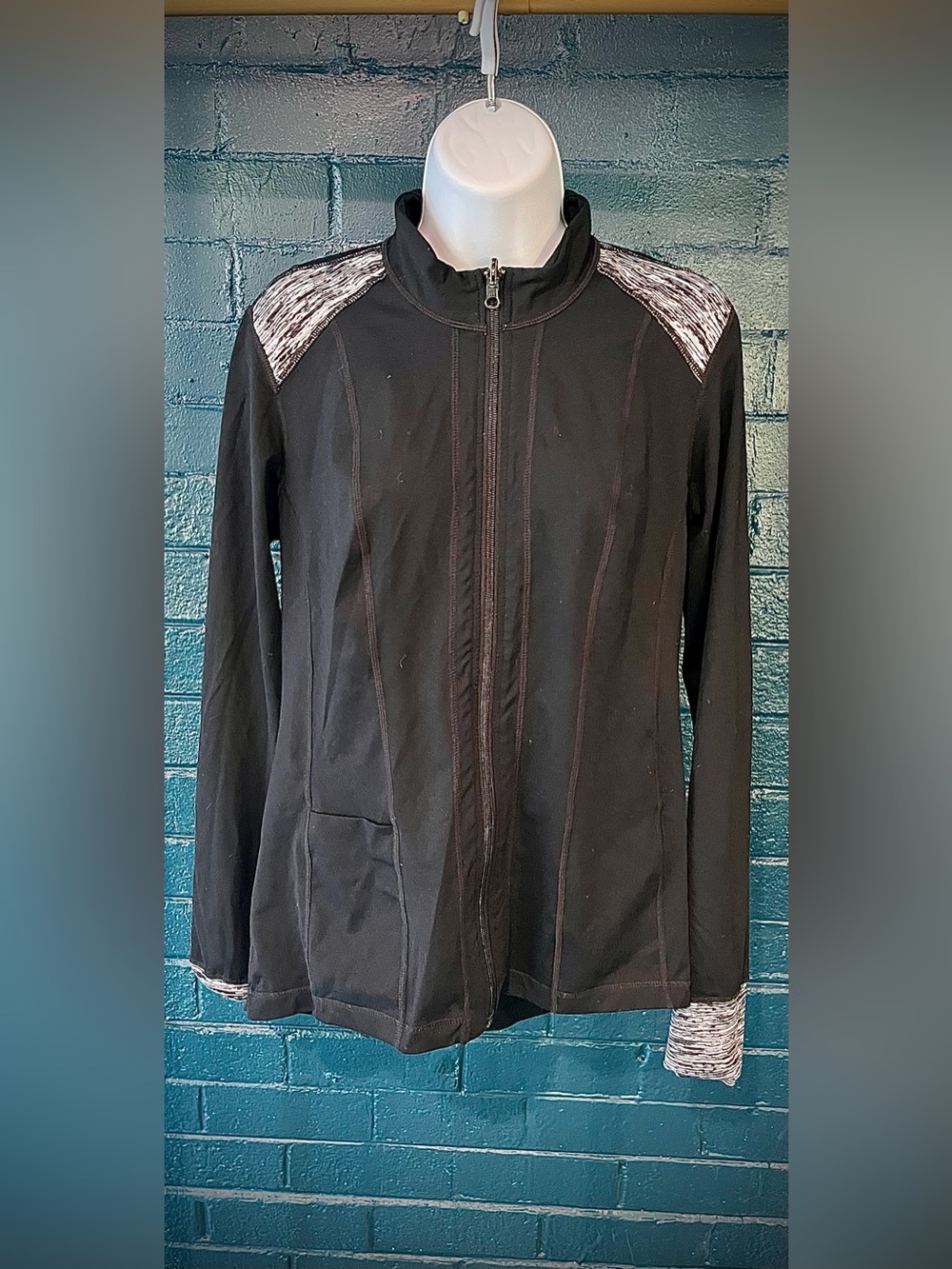 Black Zip-Front Women's Jacket with Contrast Shoulders